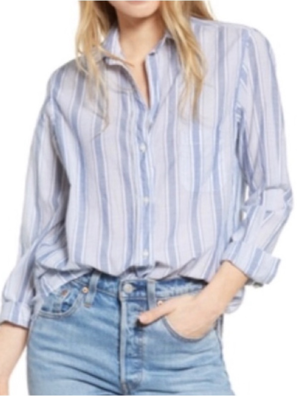 Grayson The Hero striped cotton blue off white button up top 02 / Small